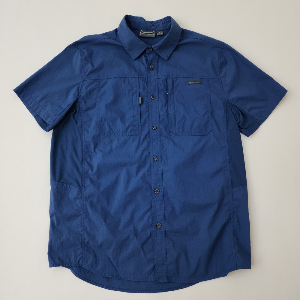 Free Country Mens Blue Short Sleeve Button Down Performance Shirt Large